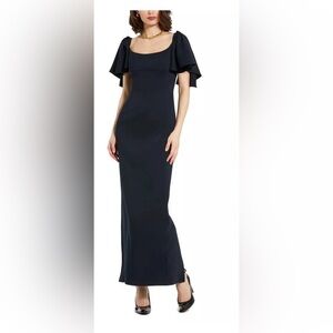 Mac Duggal Navy Crepe Maxi Dress with Ruffle Sleeves